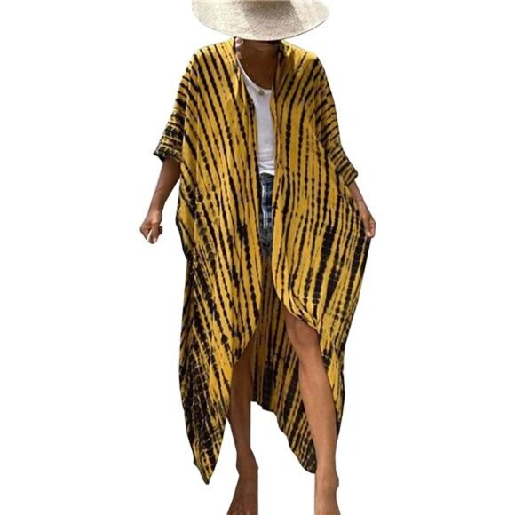 Long Kimono Cardigan Beach Wear Cover Up C03-black Yellow